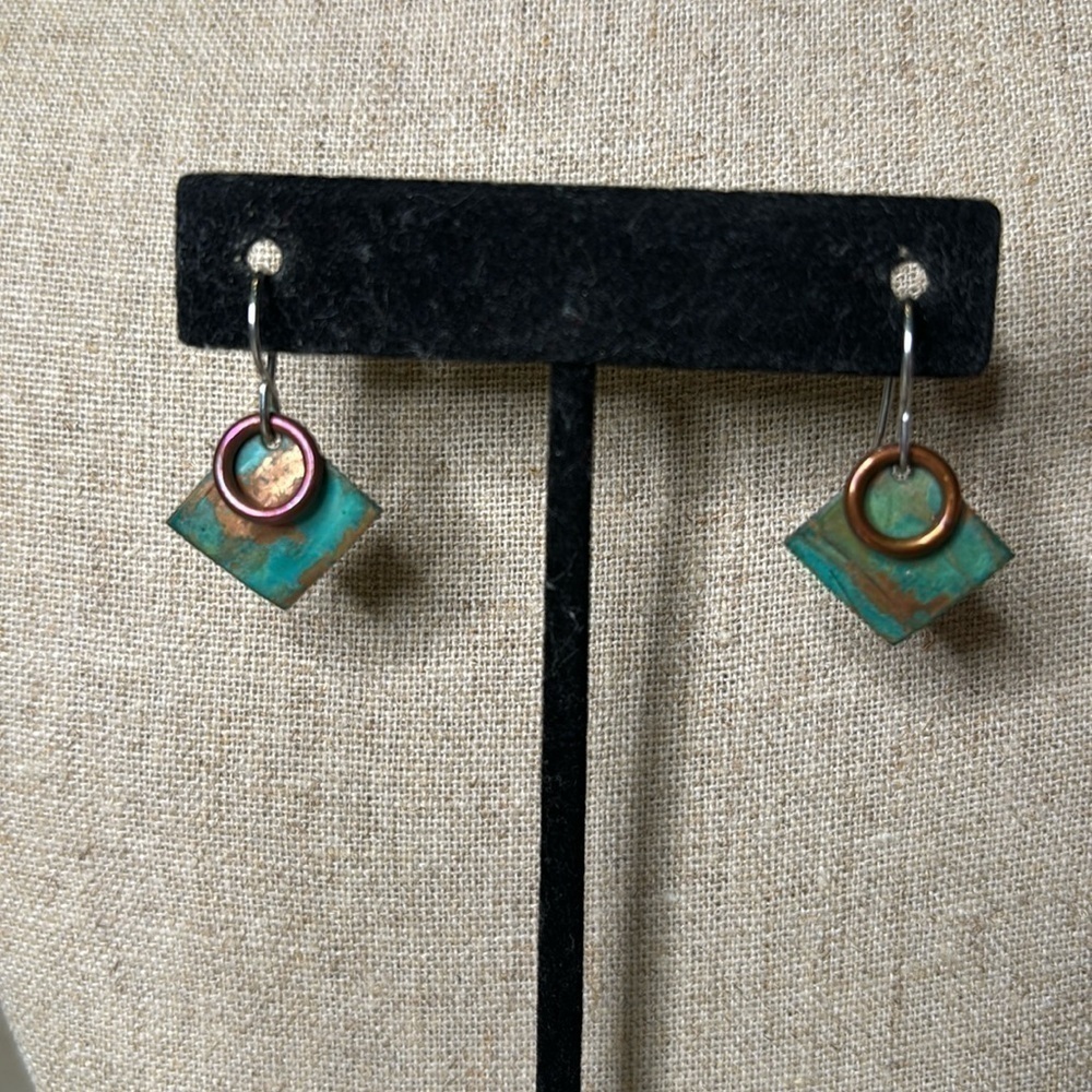 Copper and oxidized copper earrings, with silver hooks